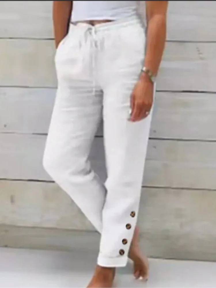 Women Spring Autumn Breathable Cotton Linen Buttons Trendy Pants Elastic Waist Straight Leg Solid Female Casual Baggy Trousers