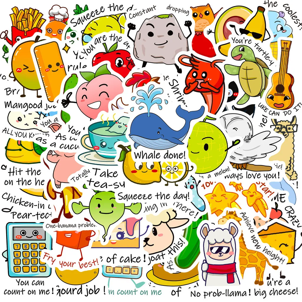 50PCS Animal English Homophonic Meme Graffiti Stickers for Bicycle Hand Account Pencil Case Decals