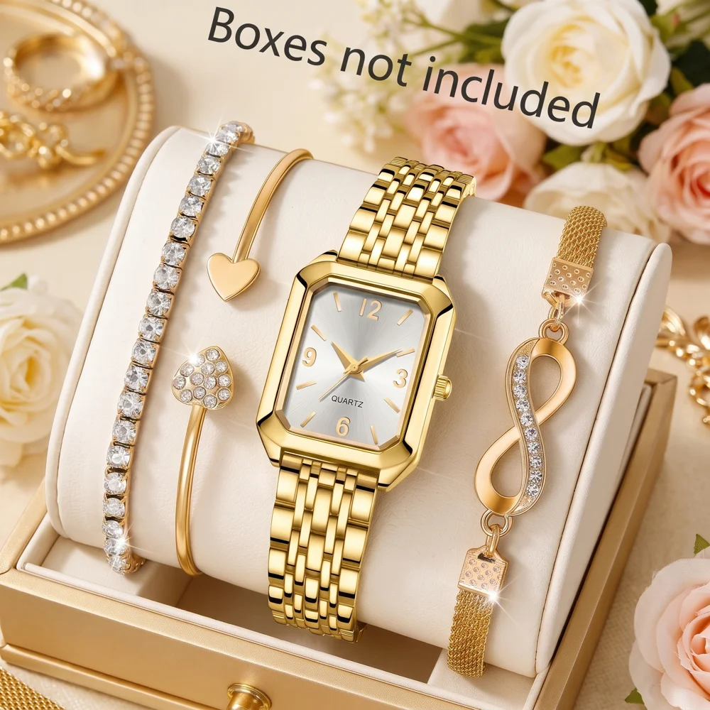4Pcs/Set Unisex Jewelry Watches Women's Wristwatch Accessories Gold Trendy Fashionable Elegant Classic Exquisite Light Luxury Simple Luxurious Quartz Watch Set Y2K Suitable for Daily Outfits Perfect Holiday Gift