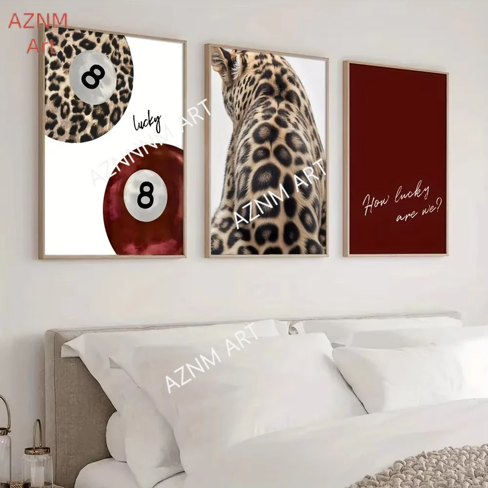 1/3 Stück Glücksbringer Nr. 8 Ball Leopard Cheetah Leinwanddruck „How Lucky We Are“ Zitat Wandkunst Poster für moderne Wohnzimmer-Heimdekoration