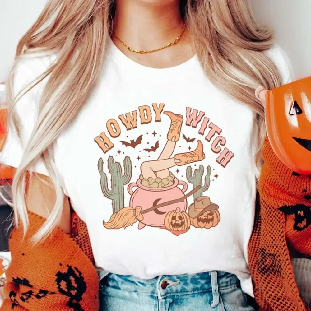 

Country Halloween Howdy Witch T-Shirt Cartoon Print O-Neck Basic Short Sleeve Print Style Top Casual Fashion Style T-Shirt.