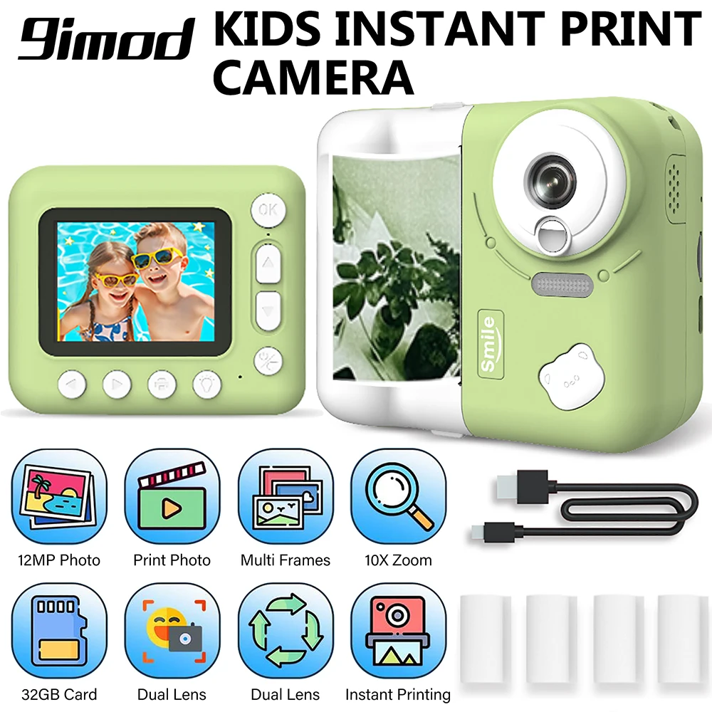 9IMOD 어린이 카메라 인스턴트 인쇄 카메라 2.4 인치 1080P 어린이 디지털 사진 비디오 10X 줌 32GB TF 카드 블루투스 인쇄
