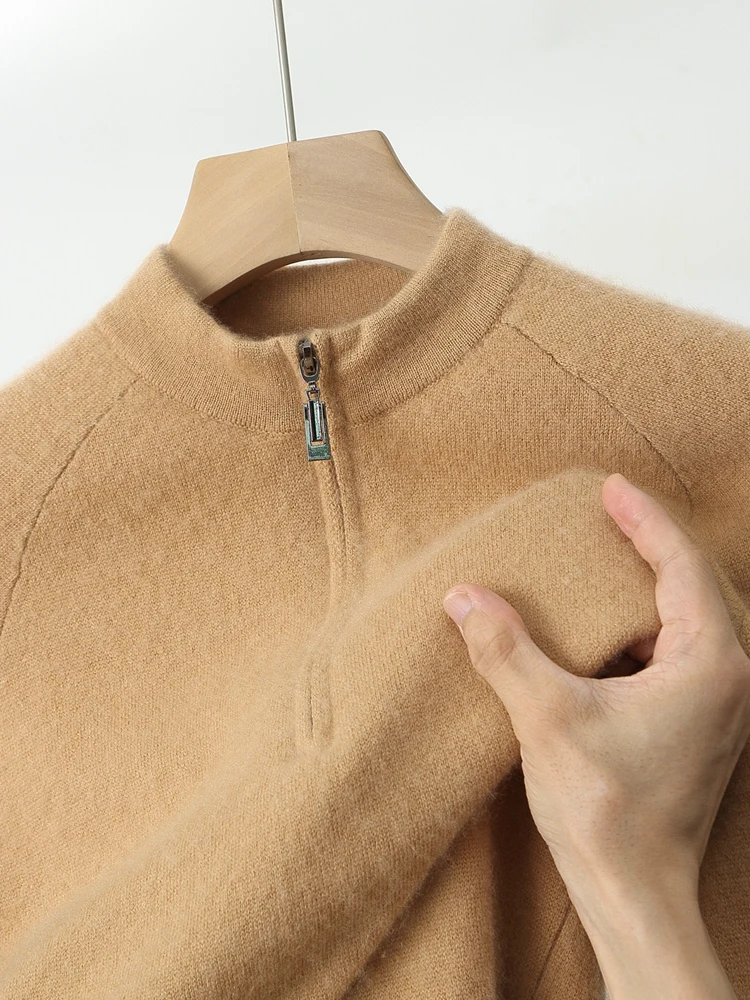 

Autumn Winter Men's Half Zippers Wool Sweater Mock Neck Pullover Thicken 100% Merino Wool Knitwear Raglan Sleeve Casual Clothing