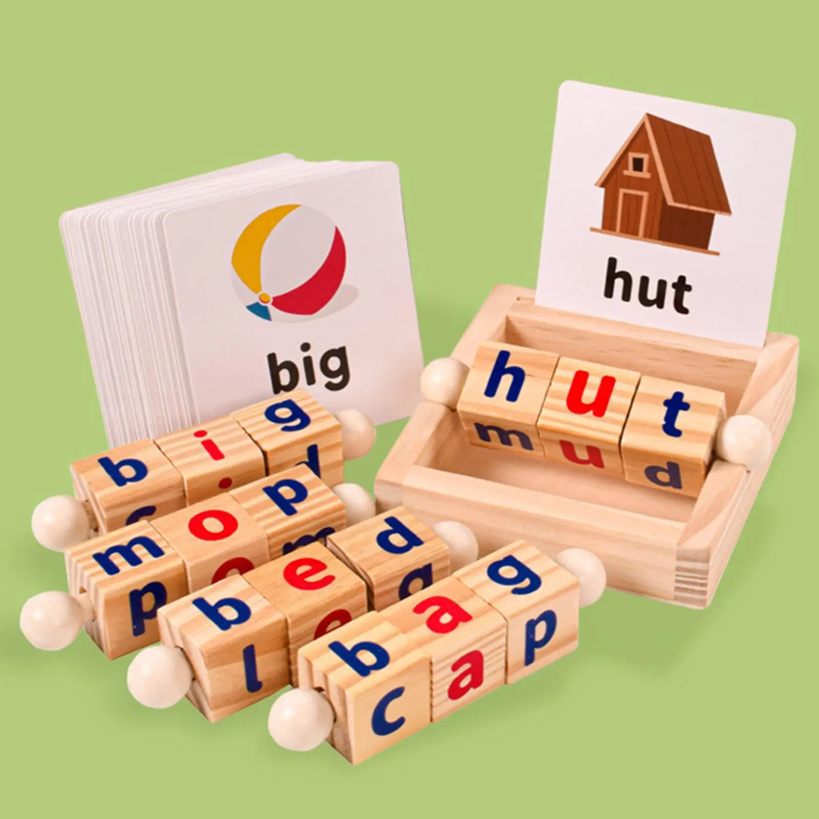 Wood Reading Blocks Flash Cards Montessori Toys Short Vowel Turning Rotating