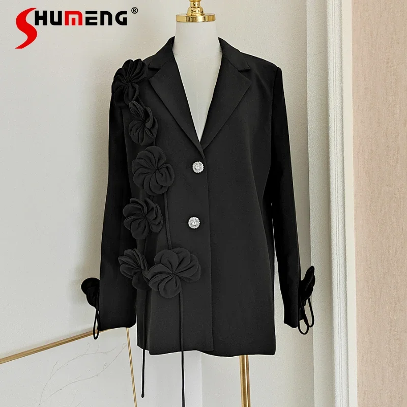 

2024 Autumn New French Top Unique Design Temperament Fashionable Black Blazer Three-dimensional Flower Streamer Slim Suit Jacket