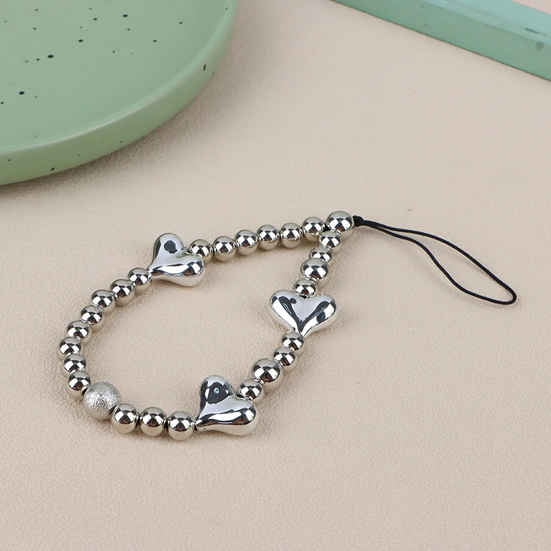 1Pc Silver Color Heart Phone Charms Plastic Love Beaded Rope For Phone Women Men Short Cell Phone Lanyard Keychains