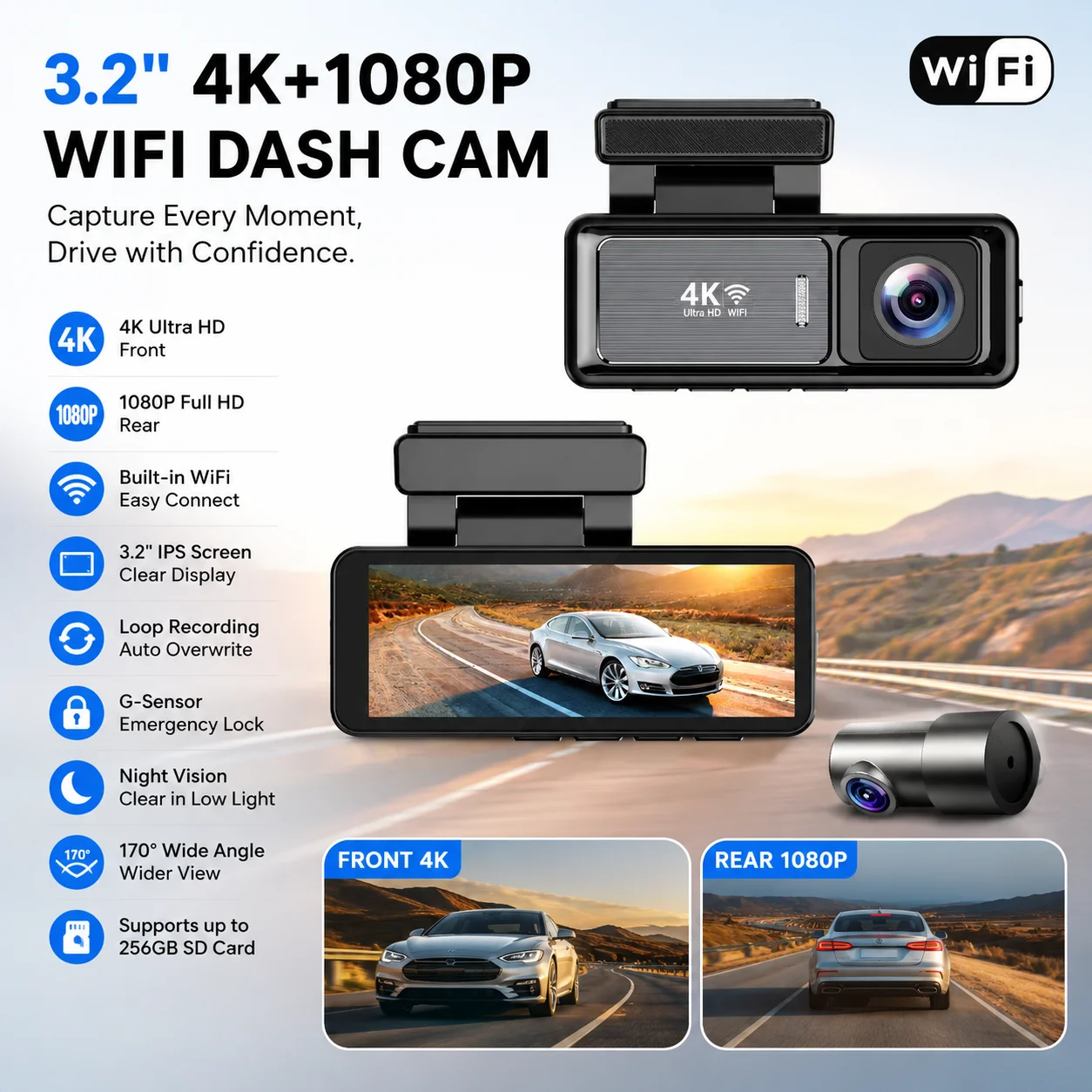 4K+1080P 3.2inch IPS Dual Lens Dash Cam Video Recorder WDR with Night Vision WiFi Loop Recording Car Accessories