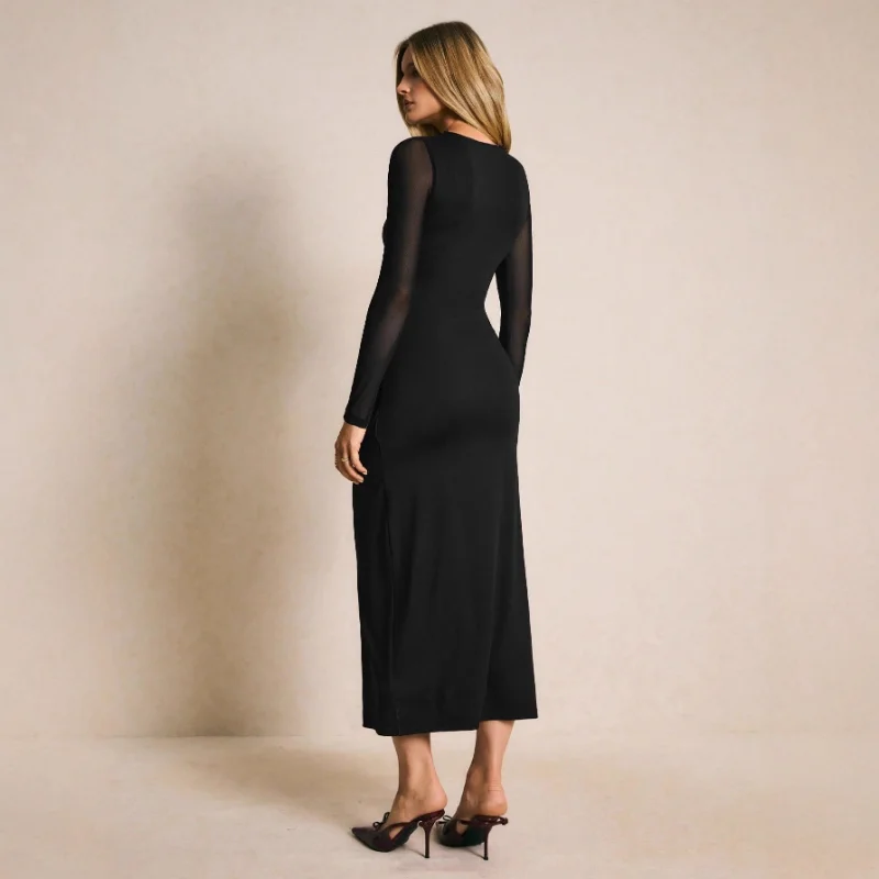 Frühlingsneuer Stil, gespleißte Netzärmel, Metallschnalle, verziertes, modisches Kleid