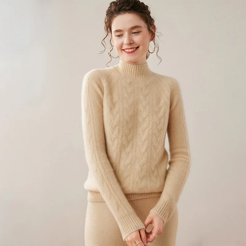 

Half High Collar 100% Pure Cashmere Sweater Women Autumn Winter Thick Warm Cable Knit Sweater Classic Woman Soft Pullover Tops