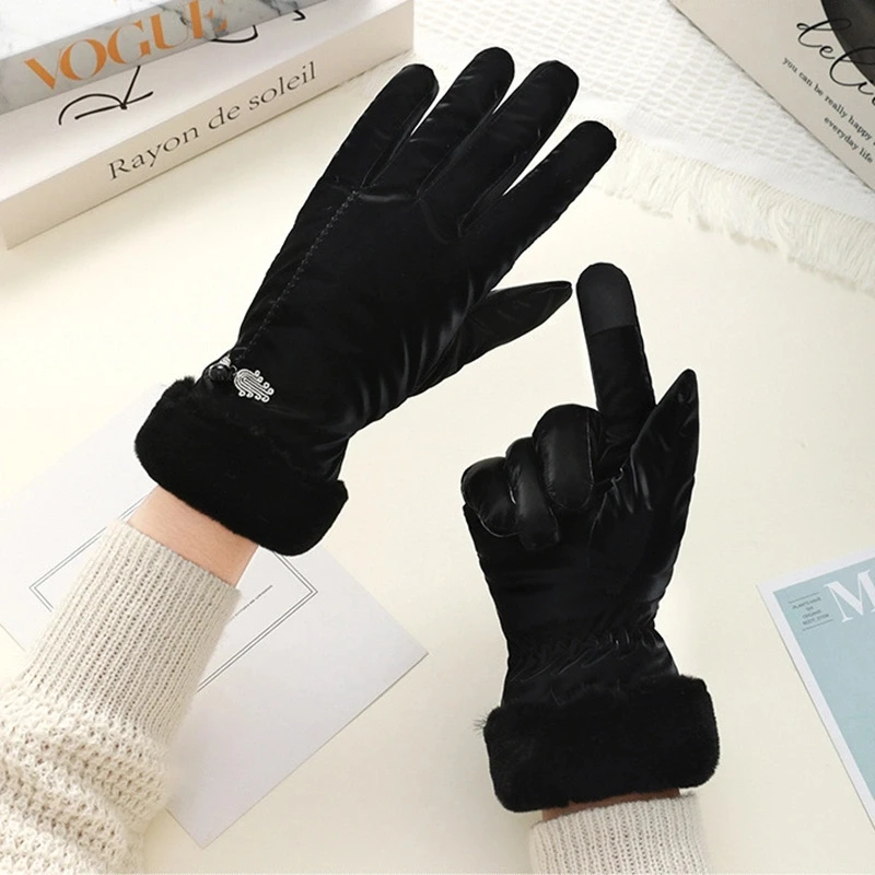 قفازات نسائية سميكة دافئة على الطراز الصيني لفصل الشتاء، متوافقة مع شاشة اللمس، مناسبة للخريف والشتاء، للطلاب، ركوب الدراجات في الهواء الطلق
