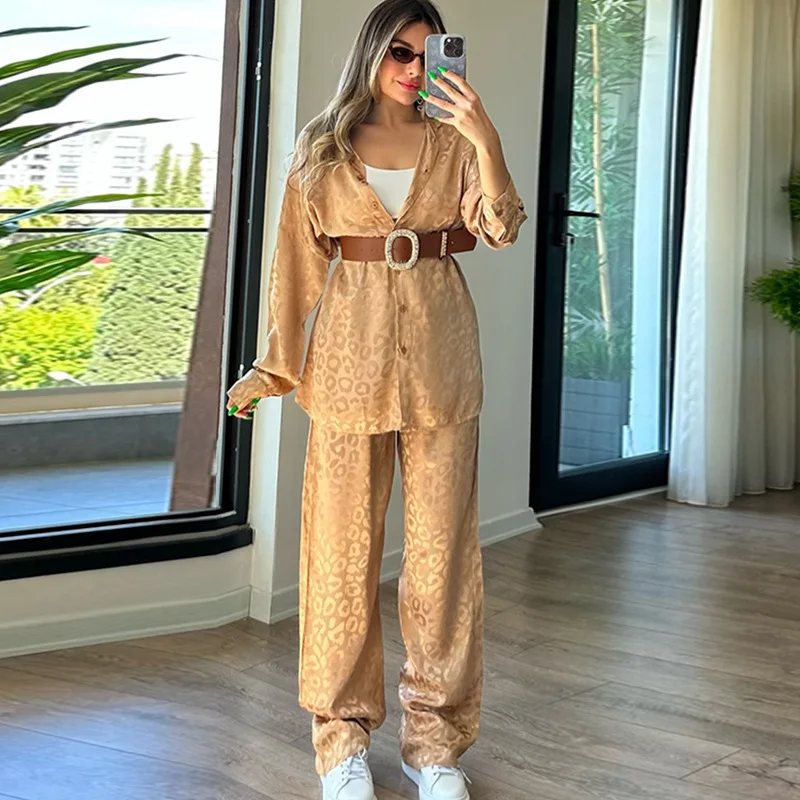 Fashion Leopard Print Suit For Women Elegant Lapel Long Sleeved Shirt Elastic Waist Wide Leg Pants Two Piece Set 2024 Autumn New