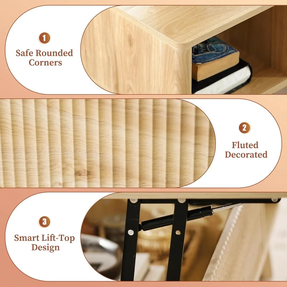 Mesa de centro elevatória canelada com compartimento oculto, mesa central moderna para sala de estar, escritório doméstico, natural