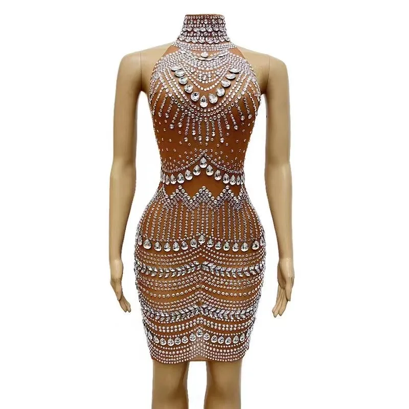 Robe Dos auxTransparente avec Strass Argentés pour Femme, Tenue de Soirée Sexy pour Danseuse et Anniversaire