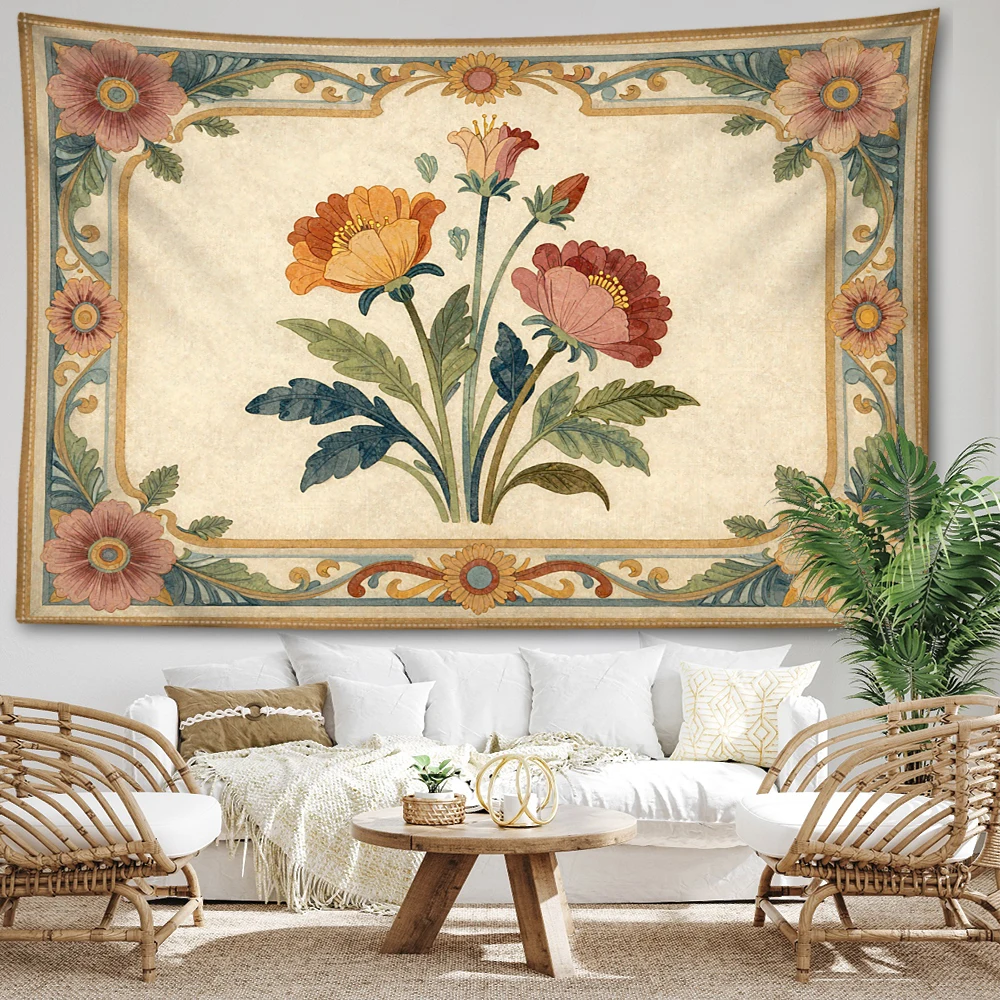 Ivory White Peony Blossom Symmetrical Printed Tapestry Wall Hanging Bohemian Style Bedroom Home Decor