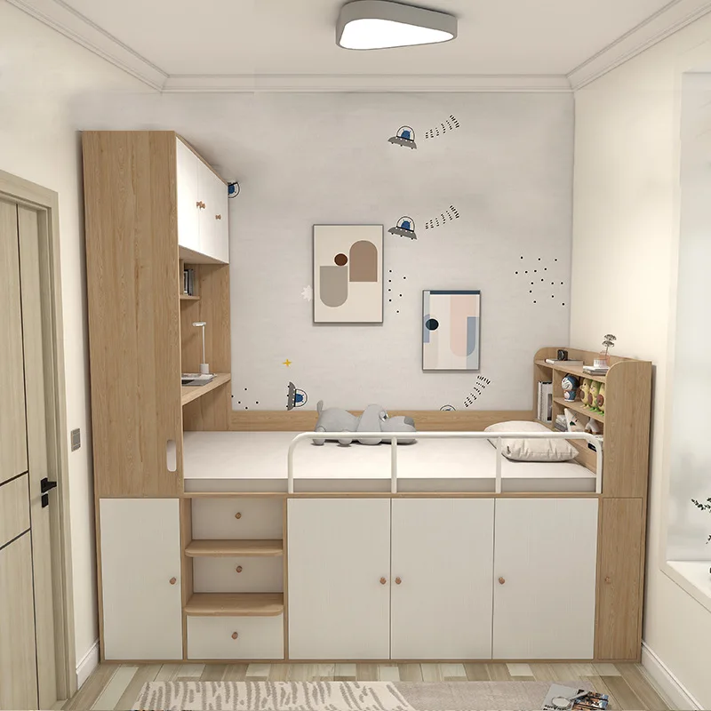 Small Apartment Children's  Half-height  Wardrobe Guardrail Integrated Multi-functional Storage  Desk Baby Single Bed