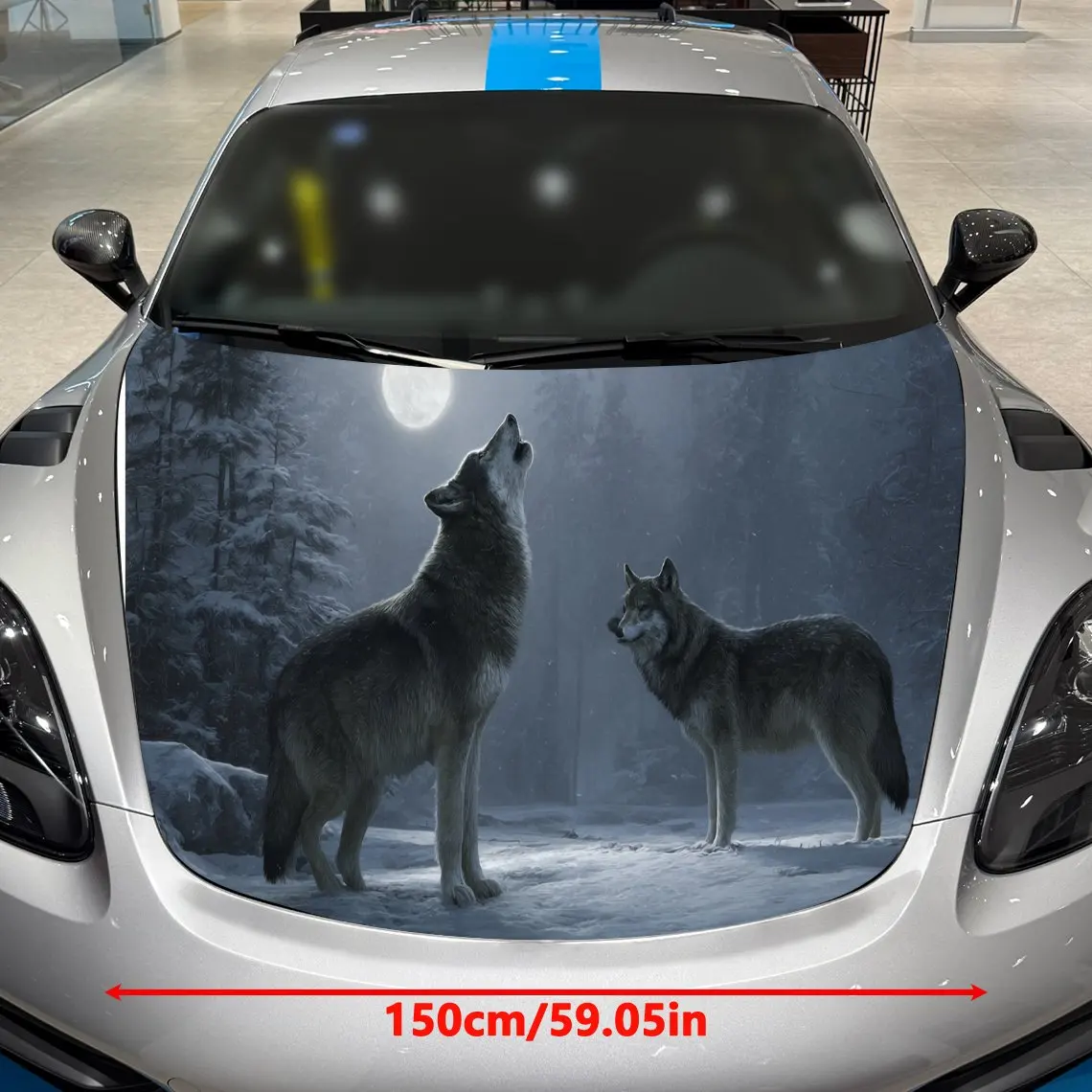 Car Decals A Wolf Pair In Moonlit Snowy Scene Close - Up With Howling And Alert Postures And Eerie Visual Atmosphere Car Hood St