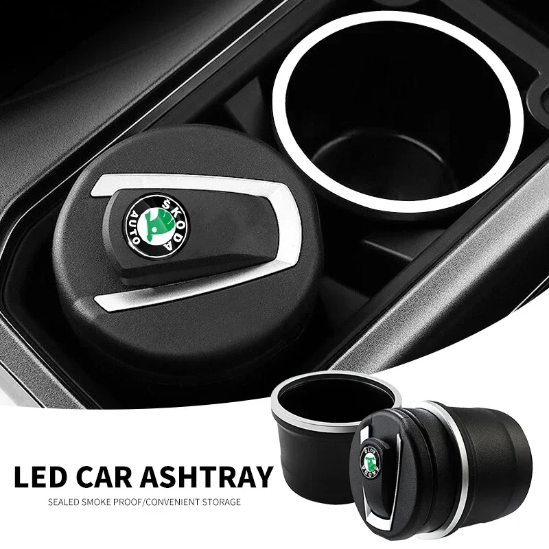 Portable Car Ashtray With LED Light Flame Retardant Smoke Cigar Ash Tray one Touch Open For Skoda Kamiq Fabia Kodiaq Rapid a5