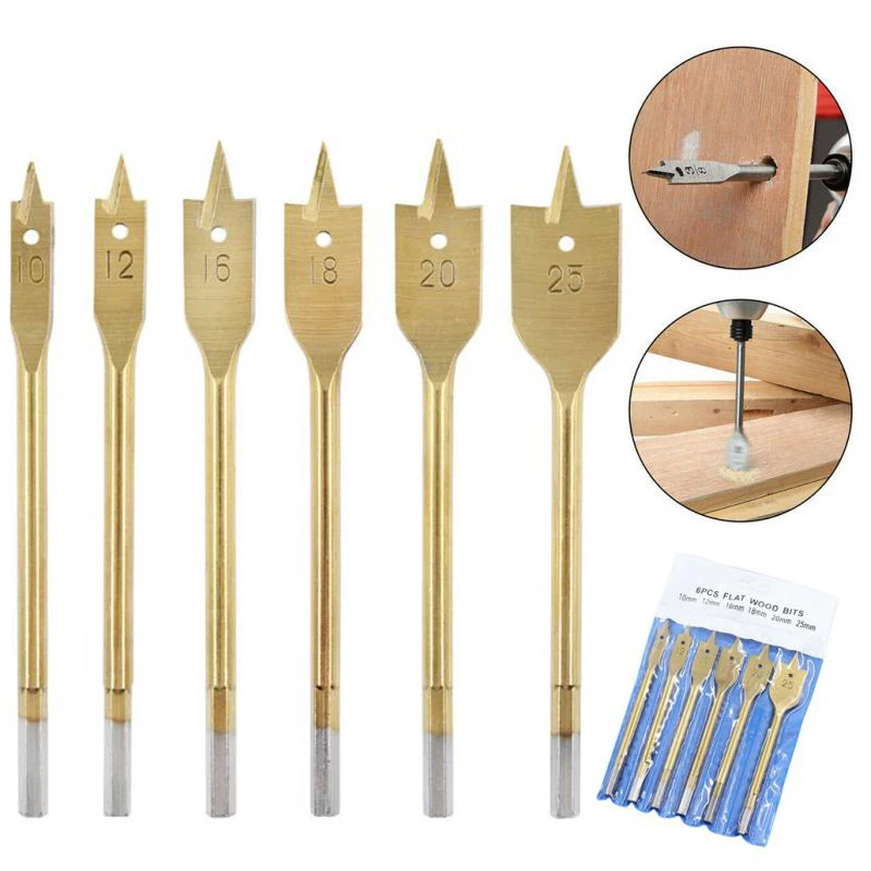 6Pcs Three Pointed Flat Drill Hexagonal Handle Woodworking Hole Opener Set Wooden Board Drilling Bit Tools