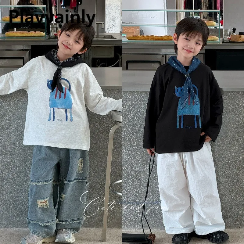 韓国スタイルボーイファッションルーズ-tシャツ春秋白グレー黒漫画猫プリント長袖トップ子供服-a5023