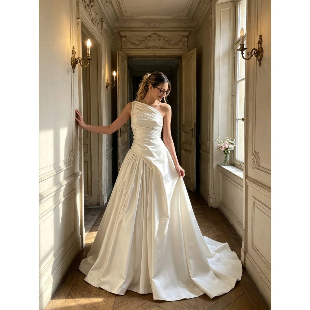 Customized One Shoulder Satin A-line Wedding Dresses with New Pleated Corset for Garden Ceremony in 2026 Minimalist Bridal Gown