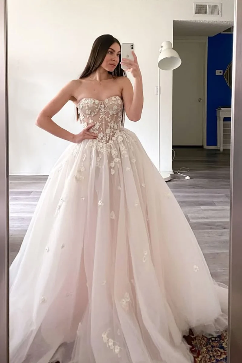 Jessica Sweetheart Flowers Evening Dresses White Princess Tulle Prom Dresses Elegant Lady Wedding Party Dress Customized