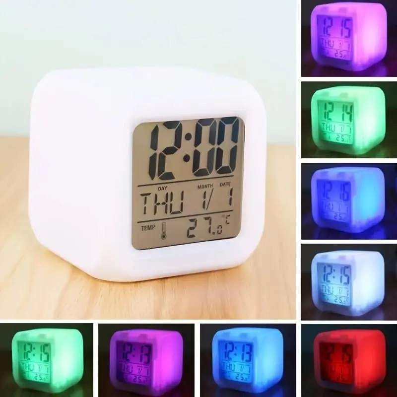 Alarm Clock with 7 Color Changing Night Light, Digital Kid Alarm Clocks with Snooze, Wake Up Digital Clock , Temperature