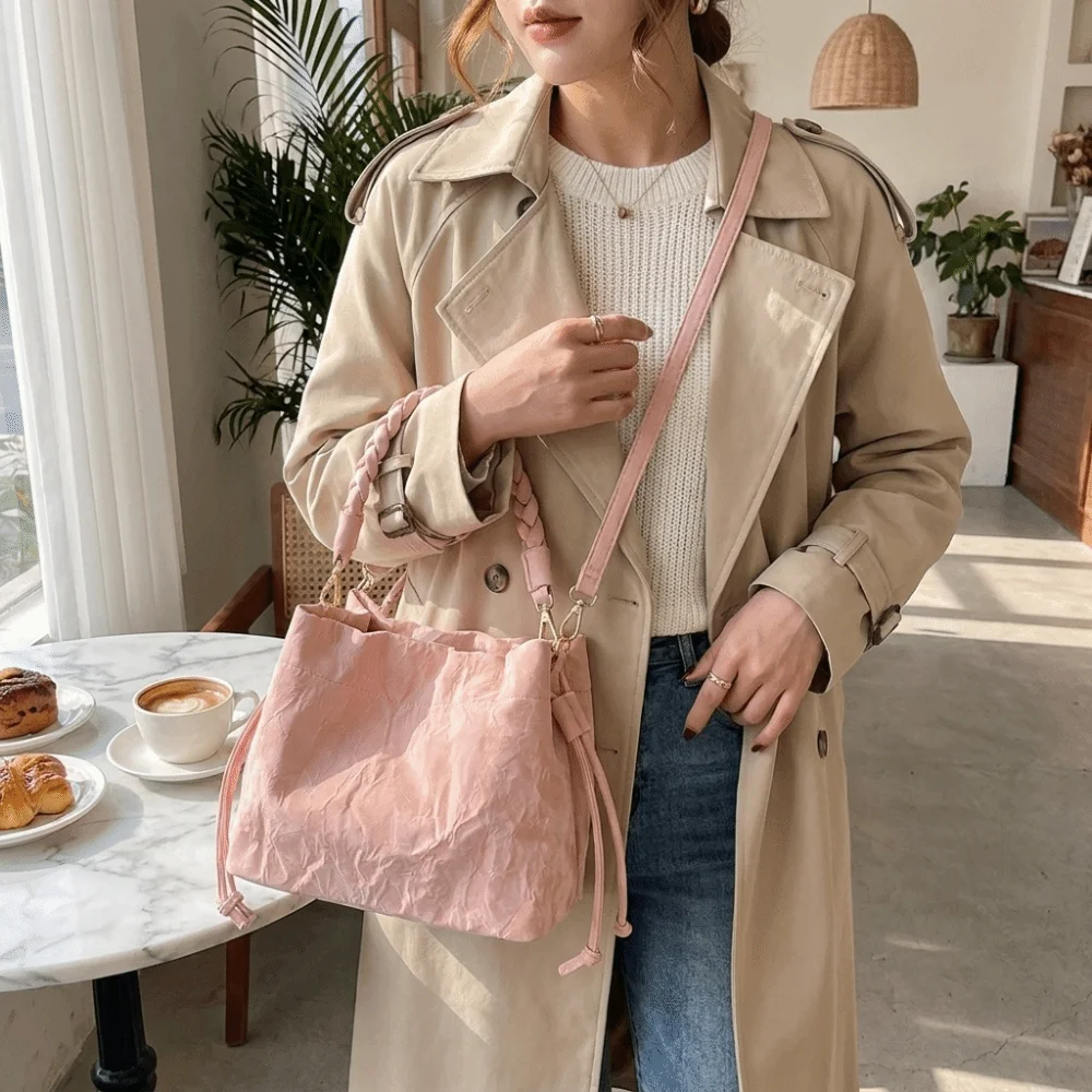 Elegant PU Drawstring Bucket Bag Woven Top Handle Removable Strap Crossbody Bag Lightweight Textured Fabric Handbag Daily Use