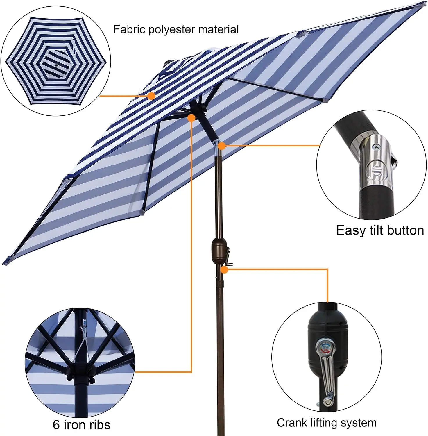 7.5 ft Patio Umbrella, Yard Umbrella, Outdoor Market Umbrella with Push Button Tilt Crank (Blue&White)