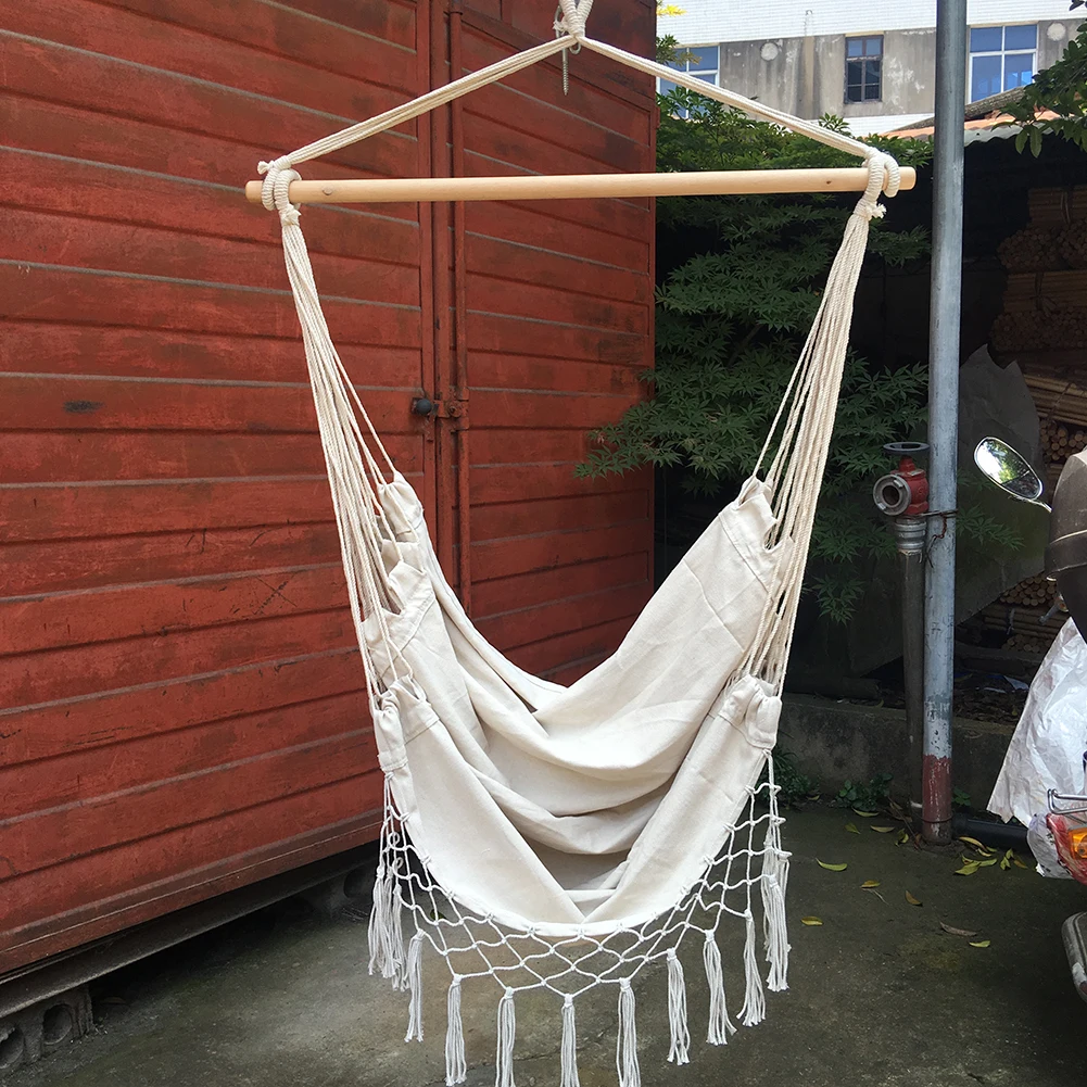 Safety Beige Swing Hammock Chair Cotton Rope Net Bohemia Style Tassels Hanger Portable Bedroom Indoor Garden Tree Hanging Chair