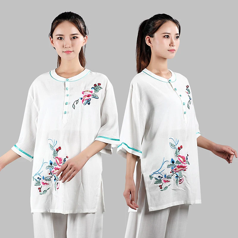 Women's Tai Chi Suit Summer New Arrival Linen Cotton Blend Embroidered Peony Pattern Short Sleeve Martial Arts Training Wear