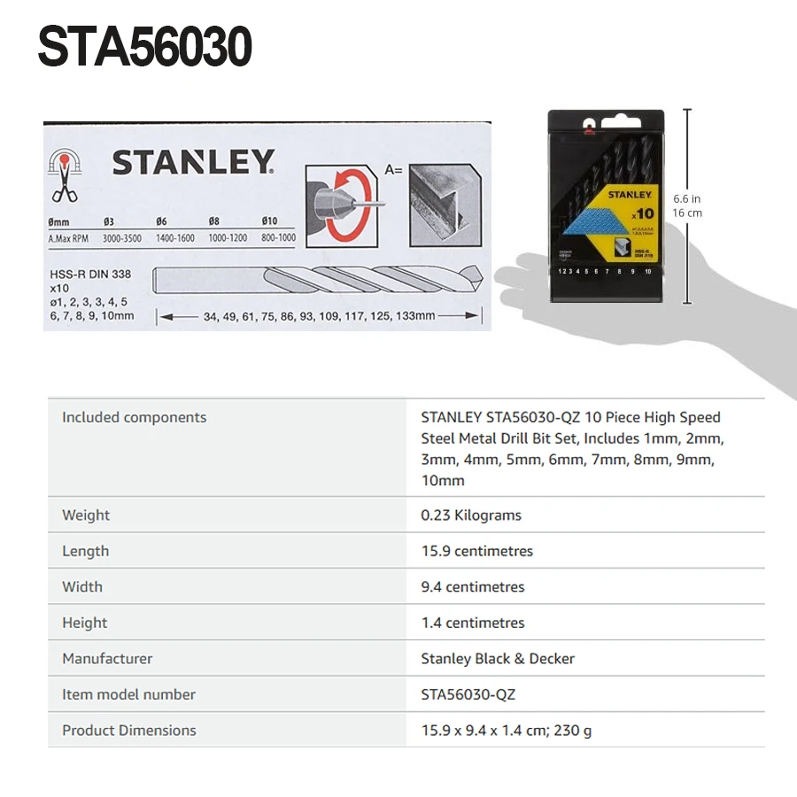 スタンレー-高速度鋼金属ドリルビットセット、10ピース、1、2、3、4、5、6、7、8、9、10mm、電動工具アクセサリーを含む、ステンレス鋼56030