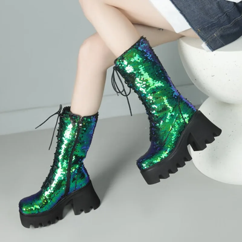 

NASBAVI Sequins Cloth Bling Shiny Green Fish Scale Pattern Lace-up Punk Goth Women Winter Shoes Chunky Heels Mid-calf Boots 43