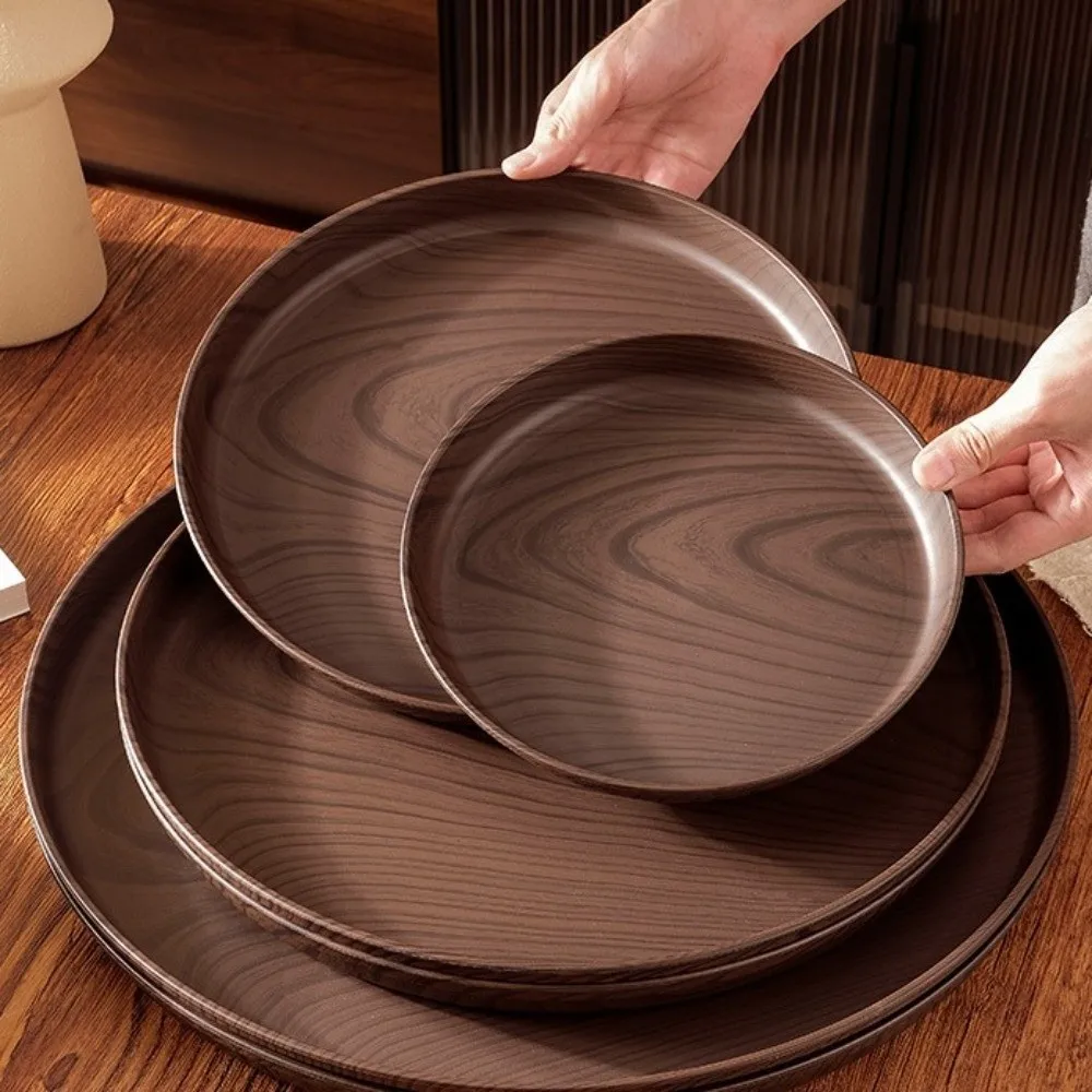 New 20/26/32/38cm Imitation Wooden Tray Handmade Round Shape Imitation Wooden Serving Tray Plastic Food Tray Breakfast Serving