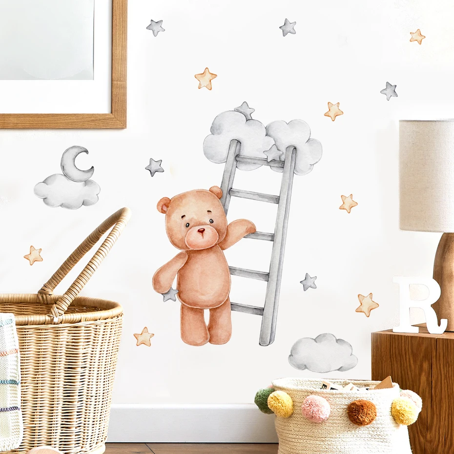 

Cartoon Teddy Bear Climb Stairs Clouds Moon Watercolor Wall Stickers Nursery Vinyl Wall Decal Mural Kids Room Home Decor