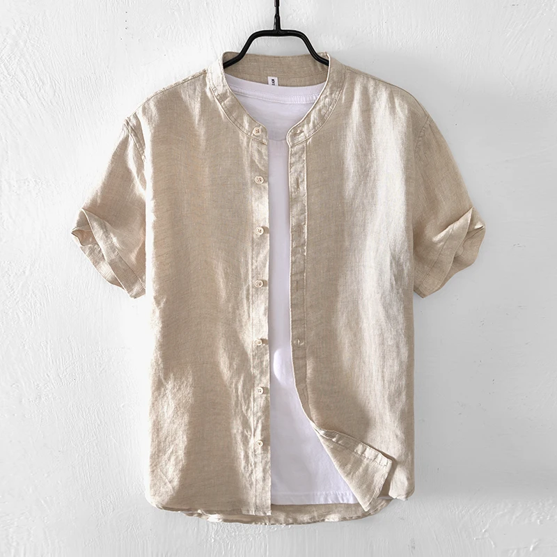 New Designer Short-sleeve Casual Pure Linen Brand Shirts For Men Fashion Stand Collar 4XL Top Clothes Camisa Masculina Drop-Ship