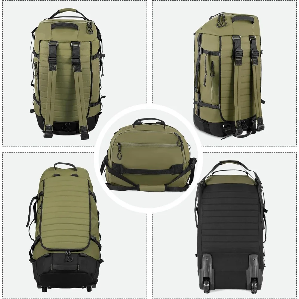 حقيبة واق من المطر قابلة للطي مقاس 86 لتر مقاس 30 بوصة باللون الأخضر العسكري مع عجلات وحجرة للأحذية للسفر