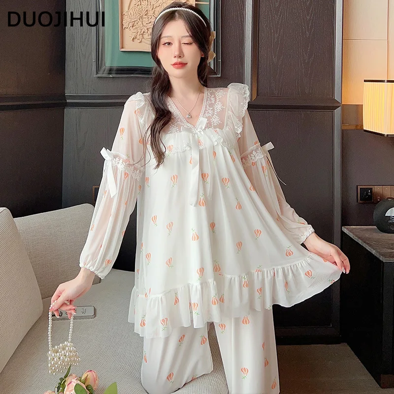 DUOJIHUI Sweet Pace-up Chicly Lace Casual Home Pajamas for Women Autumn New Fashion Printing Simple Bra Loose Female Pajamas Set