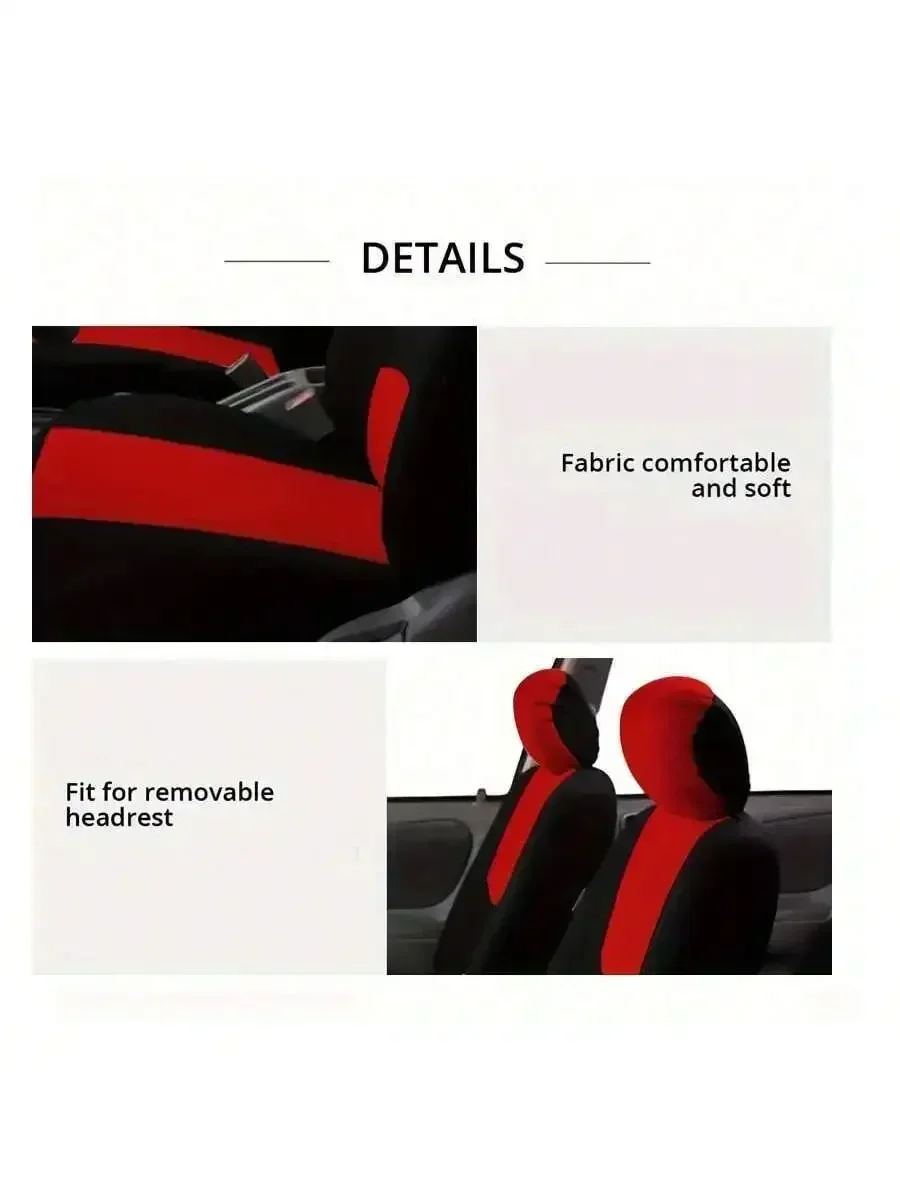 Universal Full Set Car Seat Cover Red Black Polyester Fabric Comfortable Soft Fit Removable Headrest