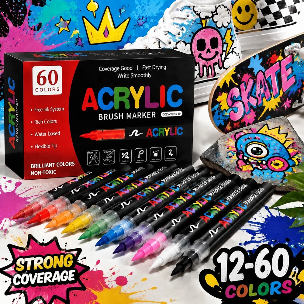 12-72 Farben Acryl-Marker-Set, abwaschbare Marker mit Pinselspitze, Acryl-Malmarker für Stein, Glas, Keramik, Leinwand, Holz – Detail 1