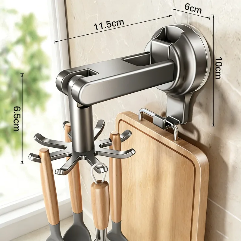 Punch-Free 360° Rotating Kitchen Utensil Rack Suction Cup Wall Mount Hook Organizer for Spoons Ladles Cutting Boards and Towels