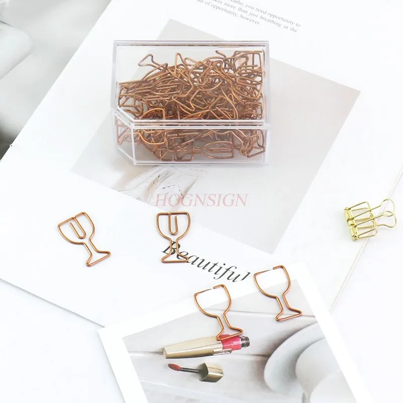 30pcs creative design paper clips for wine glasses, rose gold box, large and cute metal paper clips wrapped in plastic