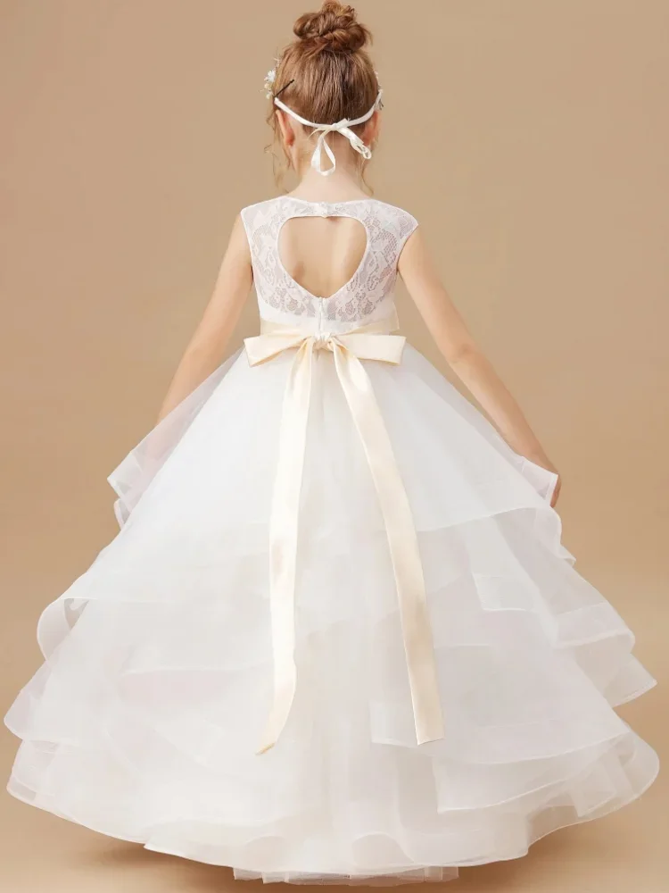 Vestidos de comunión para cumpleaños, vestidos de flores para niña, apliques de flores escalonados blancos con cinturón de lazo champán sin mangas para boda