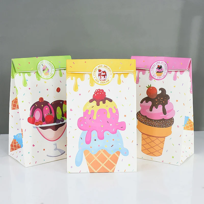 

14pcs Summer Ice Cream Theme Gift Bag Paper Candy Packing Bags With Sticker Baby Shower Decor Wedding Birthday Favor Supplies