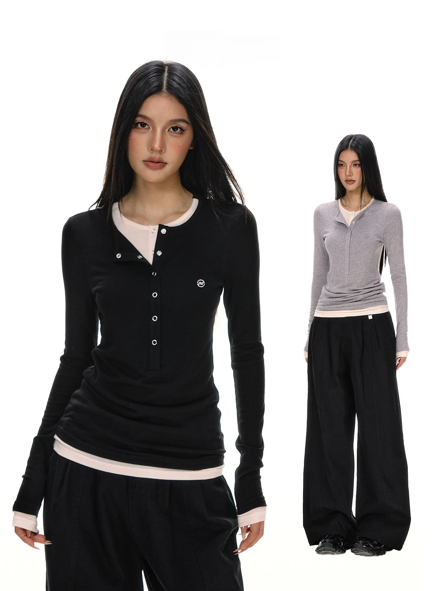 

Женская облегающая трикотажная футболка с длинным рукавом, осенне-зимняя базовая модель с воротником хенли, имитация двухслойности, в американском стиле, дышащая, C...