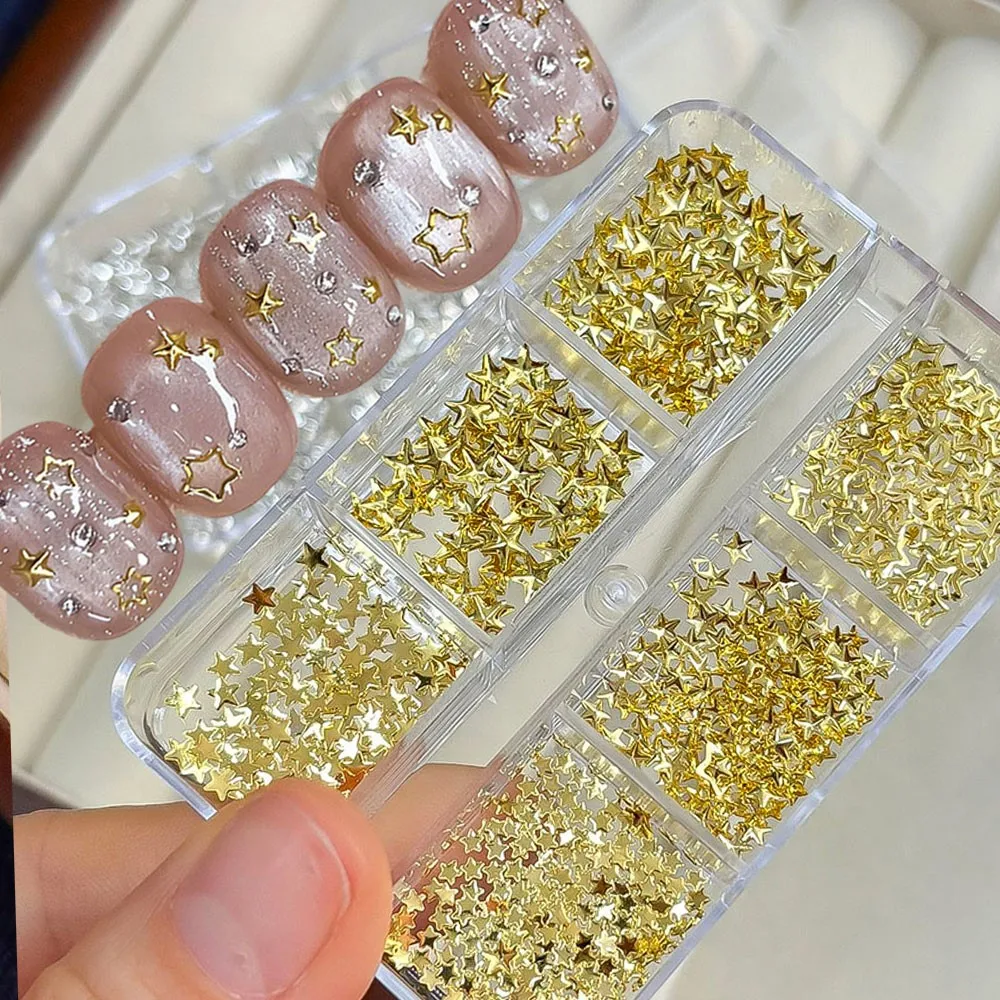 6Gird Metallic Gold Stars Nail Rivet Studs Decoration 3D Shiny Pentagrams Star Nail Charms Flatback Gold Starlight Nail Parts #7