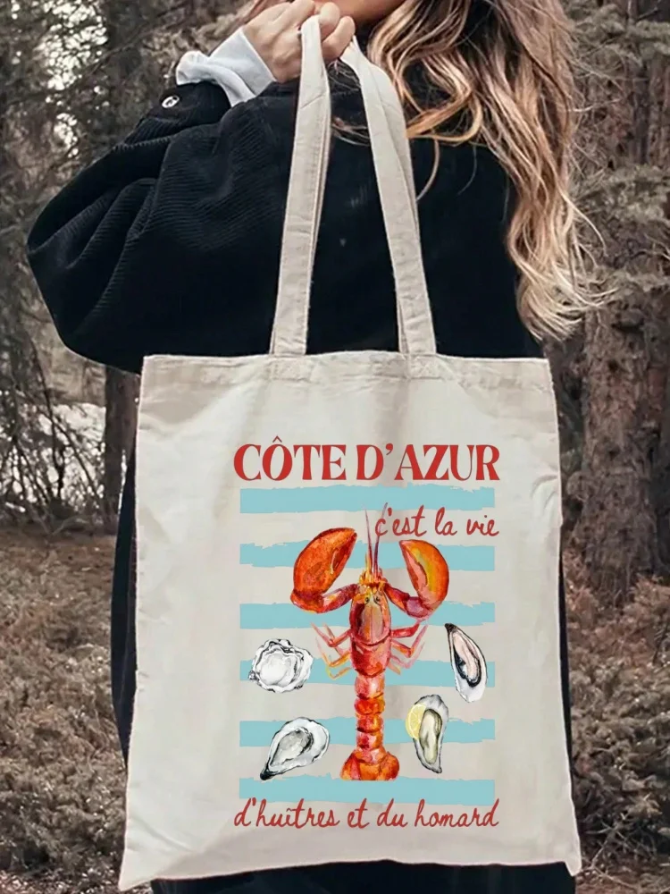 1pcs Seafood Pattern Large Capacity Tote Bag Butterfly Canvas Shoulder Women Bag Coffee Lovers Shoulder Bag Tote Bag for School