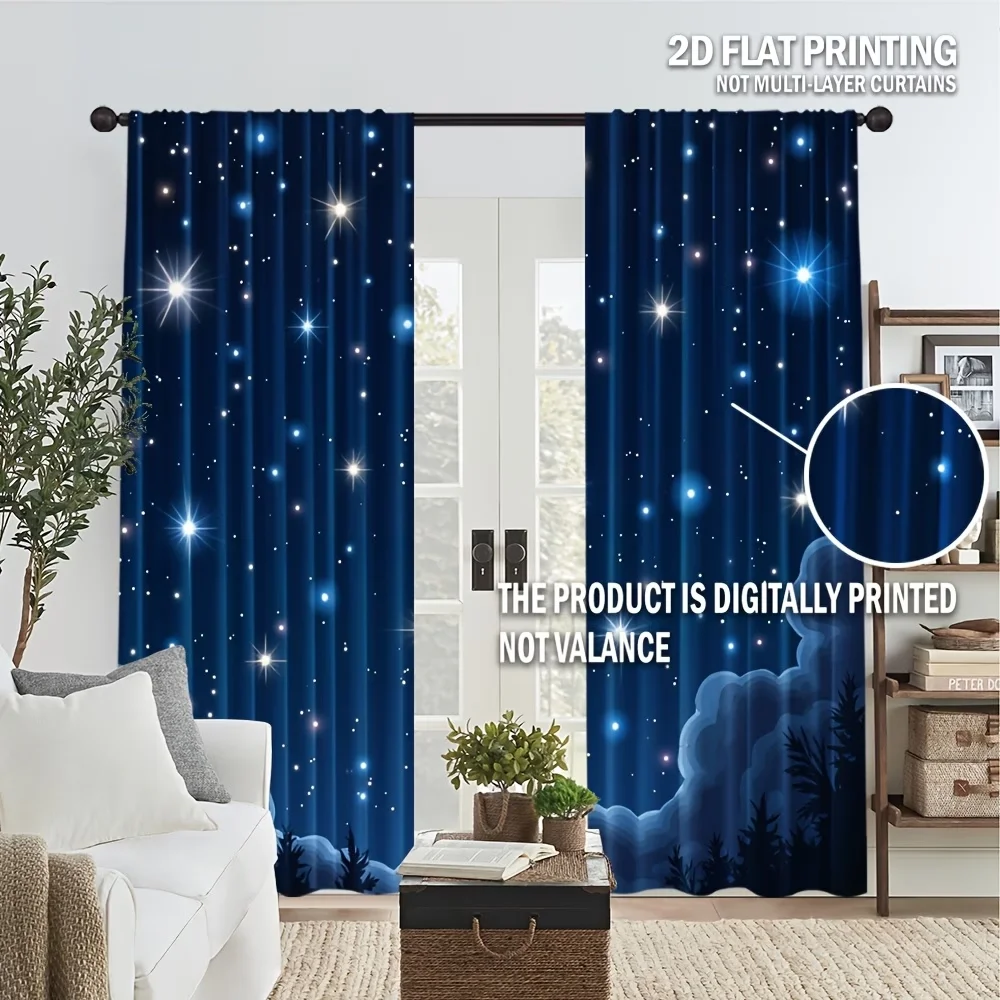 2PCS Digital Printed Curtains, Shining Stars Galaxy Night Sky Cosmic, Window Treatments for Living Room Bedroom Home Decoration