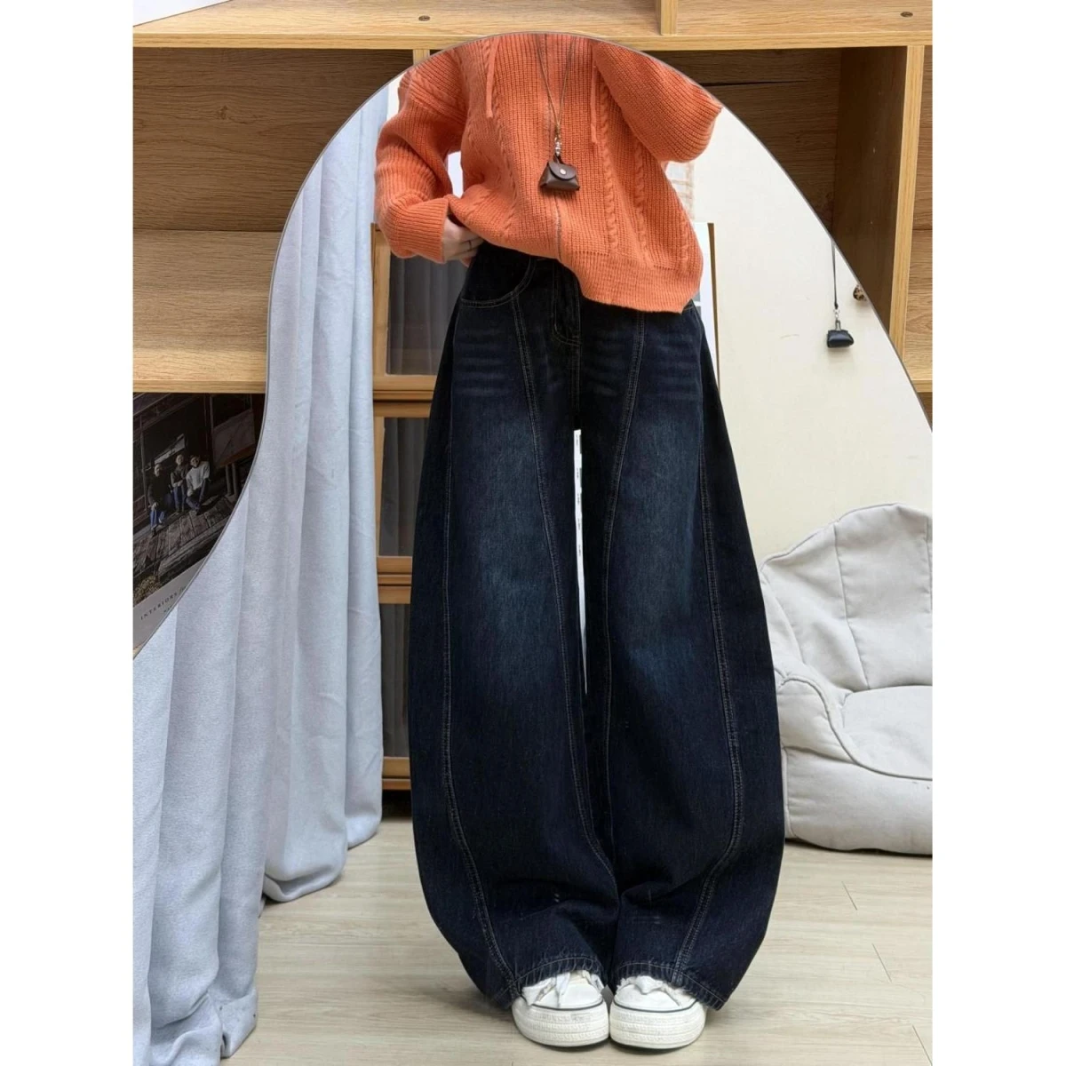 

American Sle Embroidered Wide Leg Denim Jeans Women's High Waist Loose Long Straight Scythe Pants Casual Spring Season