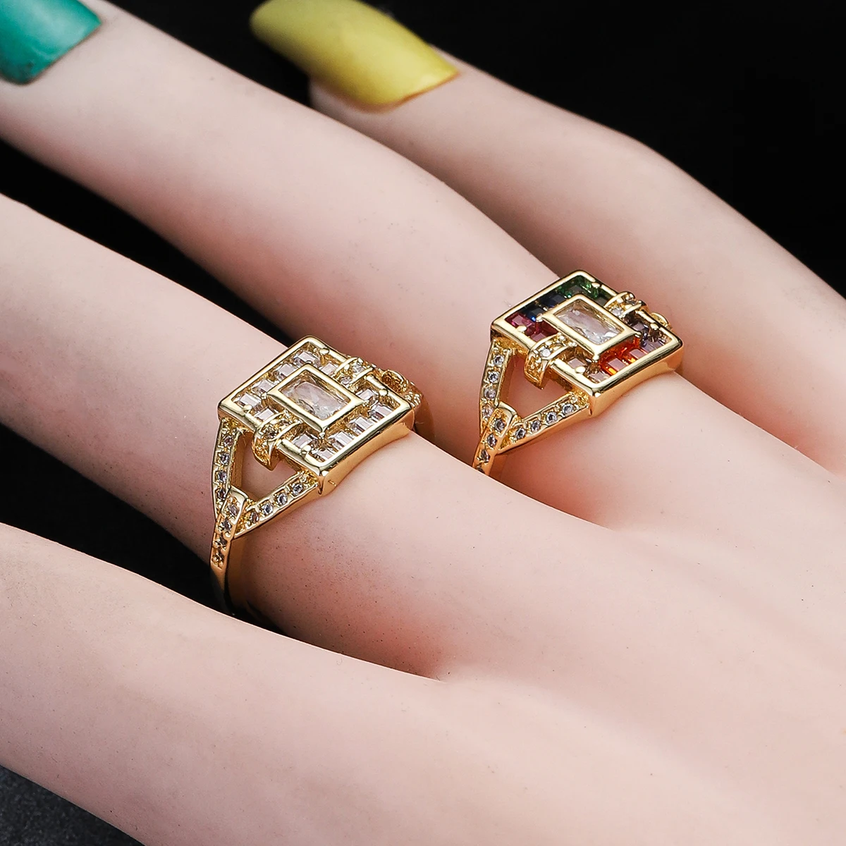 Gold Color Smooth Hollow Geometric Ring for Women Open Multicolor Zircon Crystal Wedding Party Finger Jewelry Gift Trend