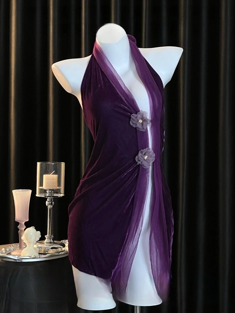 

Соблазнительное и мечтательное фиолетовое и золотое бархатное сетчатое лоскутное спальное платье, Halter, с наклонным отверстием, чистая и чувственная завязка на ленте